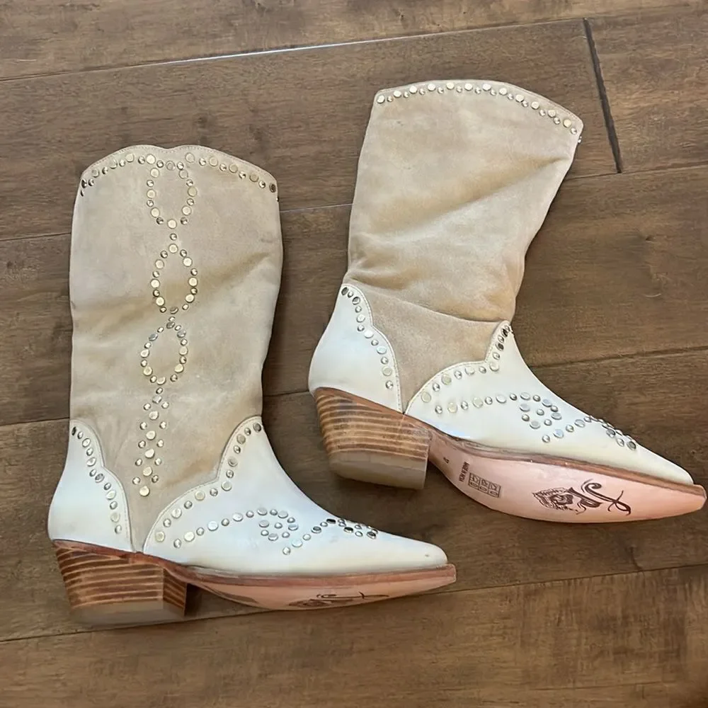 Free People Joelton Studded Western Boots tan and Lt Grey Leather EU 37 US 7